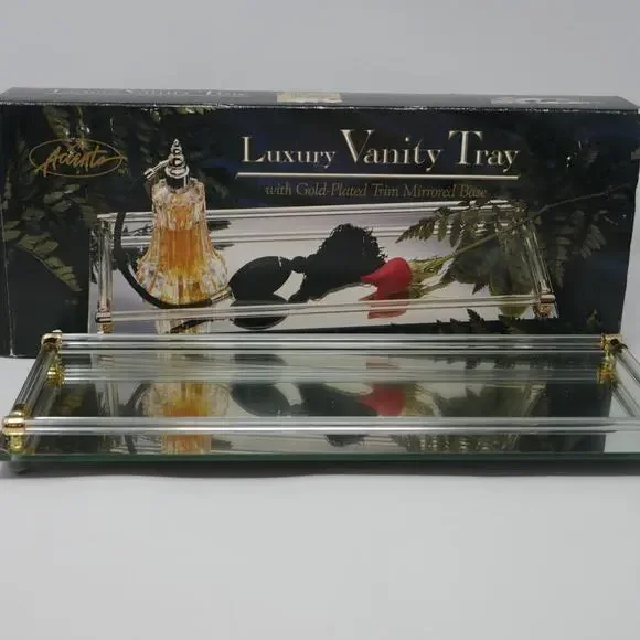 Vintage New Glass Brass Acrylic Vanity Tray 6x16