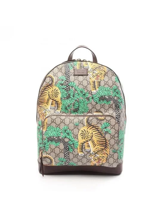 Gucci Backpack GG Supreme Bengal Sherry Line Beige Dark Brown Canvas Leather