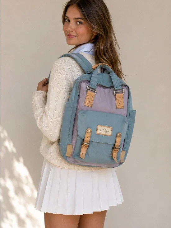 Doughnut Macaroon Blue & Lavender Canvas Backpack with Tan Accents - Women
