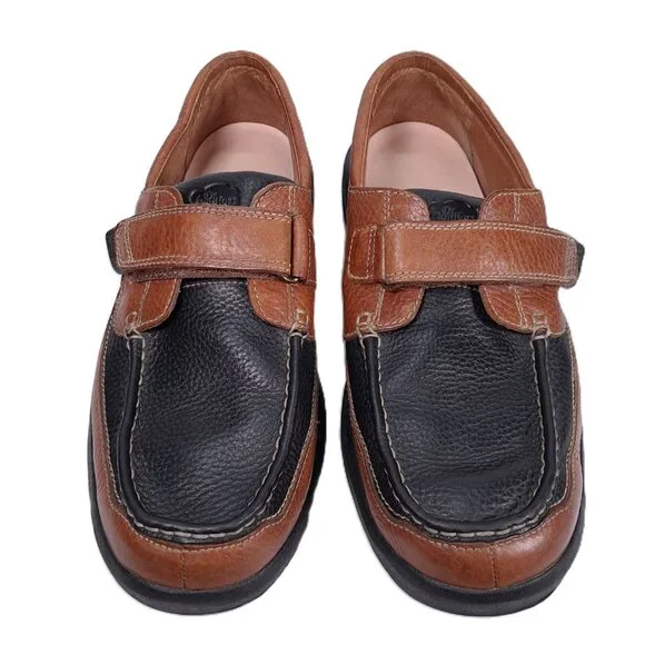 Dr Comfort Mike Boat Shoes Men 14 M Leather Brown Black Hook and Loop 8660