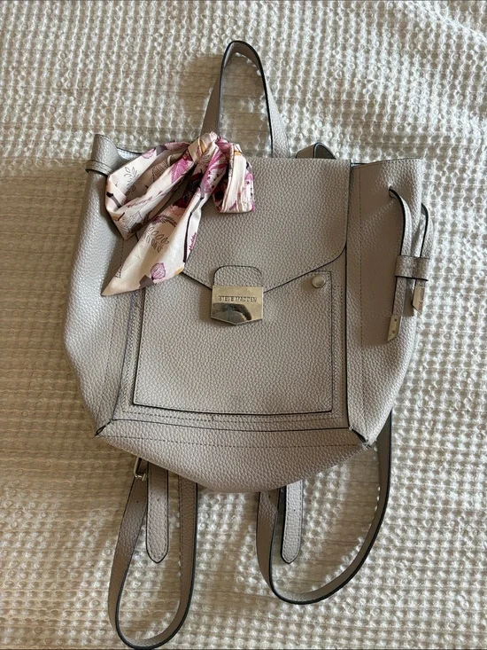 Steve Madden Pebbled Taupe Convertible Backpack Tote with Floral Scarf