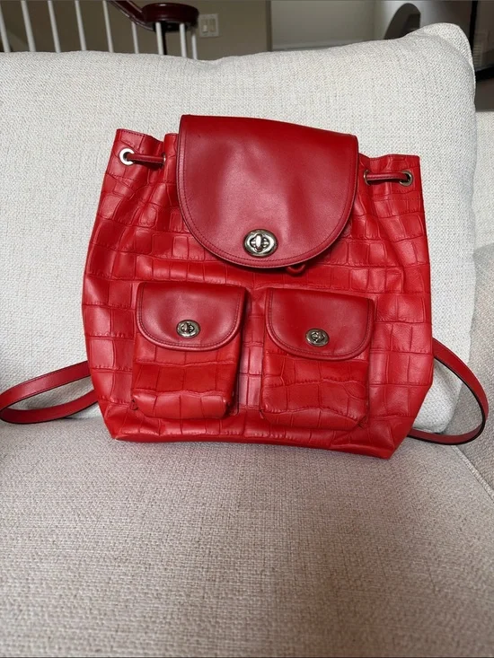Bold Red Faux-Croc Backpack with Front Pockets Coach