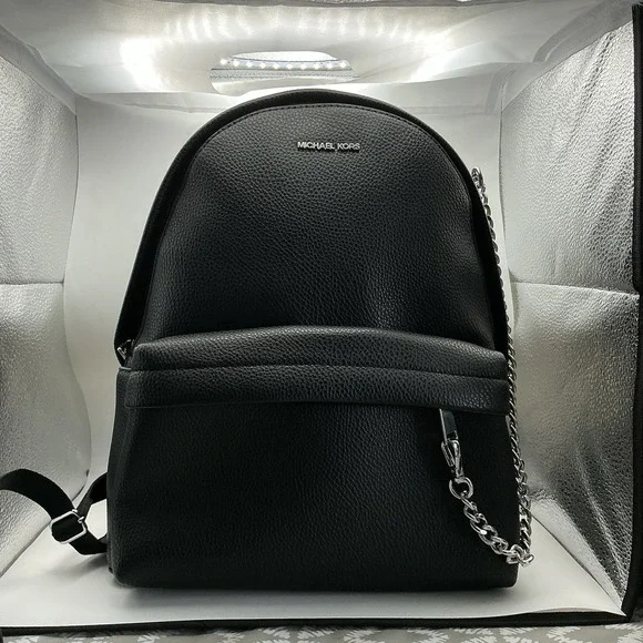 Michael Kors Slater Medium Chain Backpack Black Leather Silver Hardware NWT