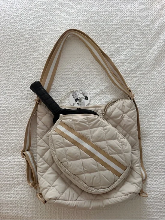 NWT Mine Women’s Quilted Cream Pickleball  Bag with Tan Stripe 3 in 1