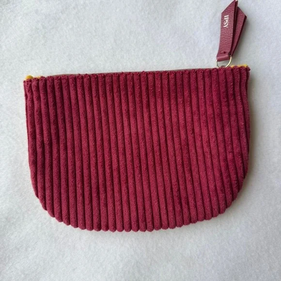 Ipsy Corduroy Makeup Bag Yellow burgundy Pleasted  Zip Cosmetic pouch