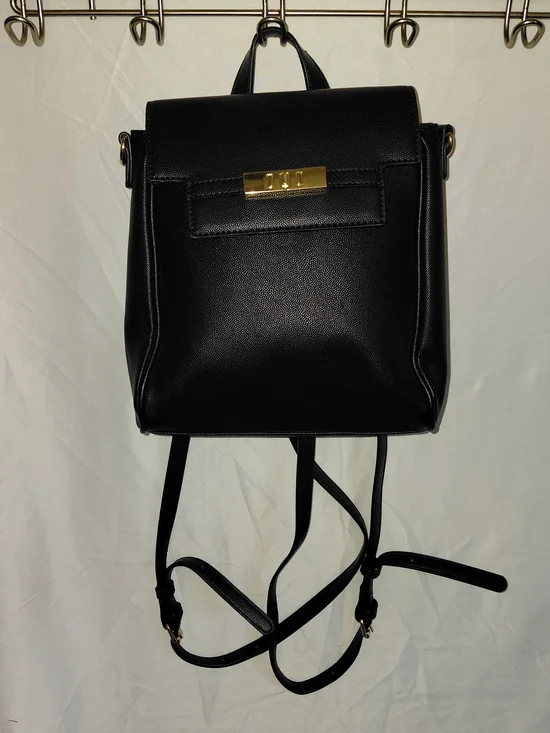 Classic Black Faux Leather Backpack with Gold Accent