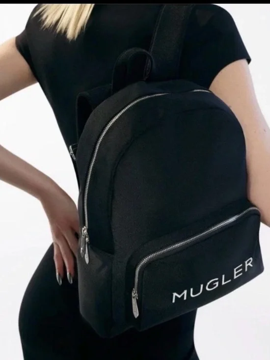 Mugler Black Logo Backpack with Silver Zippers