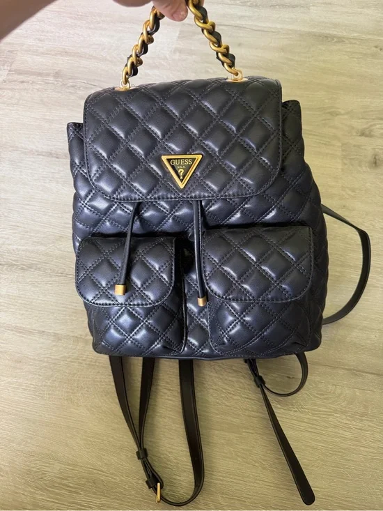 Guess Quilted Black Backpack with Gold Chain Handle