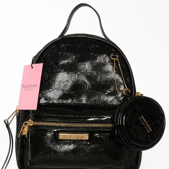 Juicy Couture™ Black Patent Mini Backpack with Logo Straps & Coin Pouch