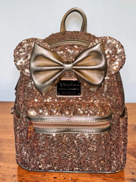 Loungefly Disney Parks  Rose Gold Sequin Mini Backpack with Bow Ears