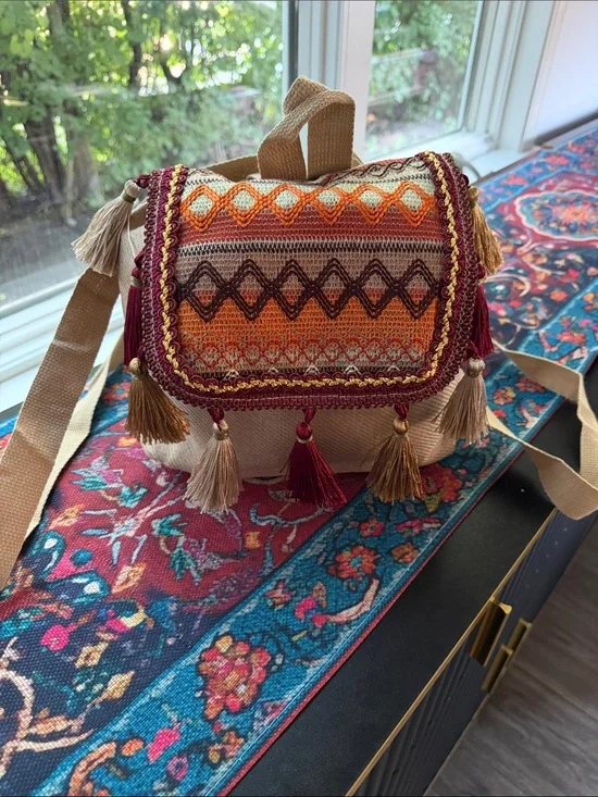 AuthenticTribe Gorgeous Ethnic Tassel mini BackPack in rich Burgundy Orange Tan