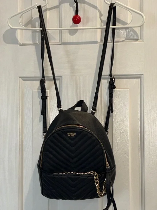 Victoria Secret Black Quilted Mini Backpack with Gold Chain Accent