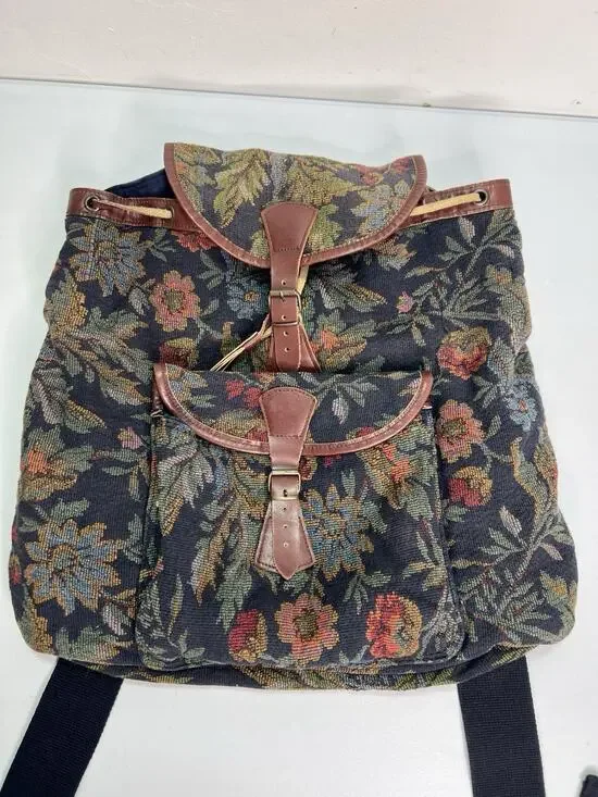 Vintage GAP Floral Tapestry Drawstring Backpack Y2K Boho Cottage Leather Trim