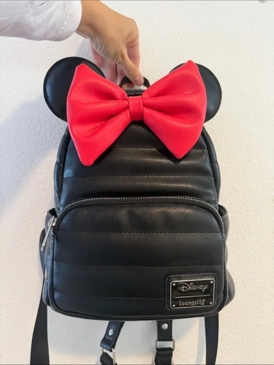 Loungefly Black Mini Backpack with Red Bow and Mouse Ears
