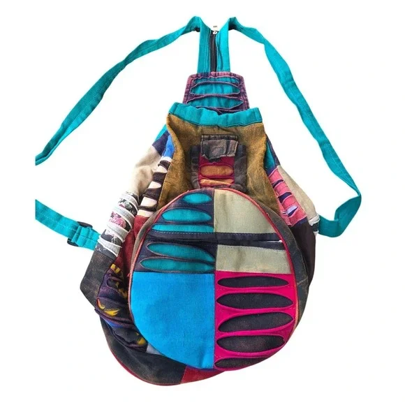 Boho‎ Patchwork Razor Cut Sling Backpack Multi Color Cotton Hippie Festival E2
