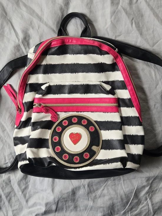 Betsey Johnson Rotary Phone Stripe Backpack with Hot Pink Trim Rose Interior