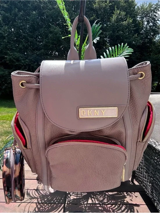 DKNY Taupe Pink-Trim Leather Backpack Tote with Gold Logo