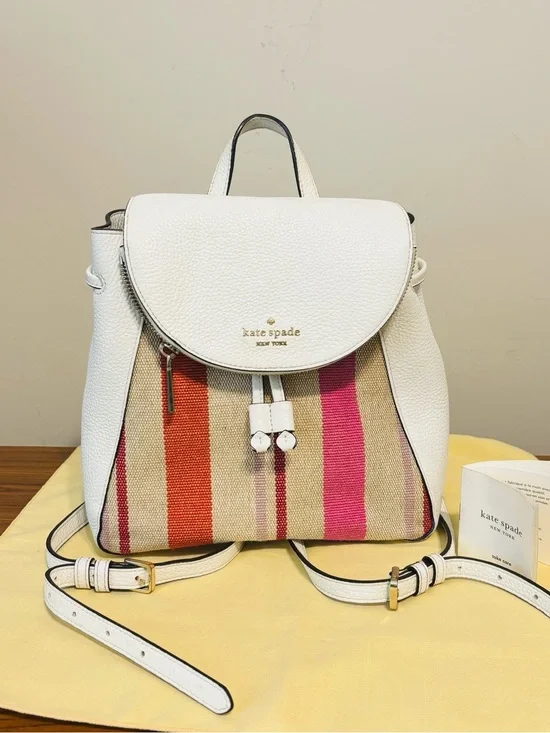 Kate Spade Women's White Striped Mini Backpack Leather Adjustable Strap Designer