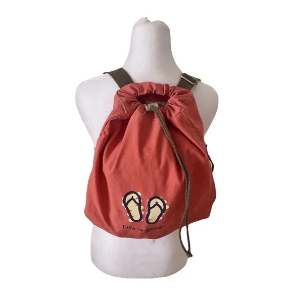 Life Is‎ Good Orange Canvas Backpack Flip Flop Design Back Pocket drawstring