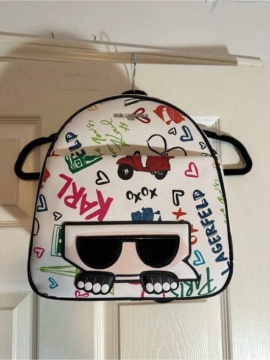 Karl Lagerfeld White Multicolor Graffiti Mini Backpack with Karl Face Applique