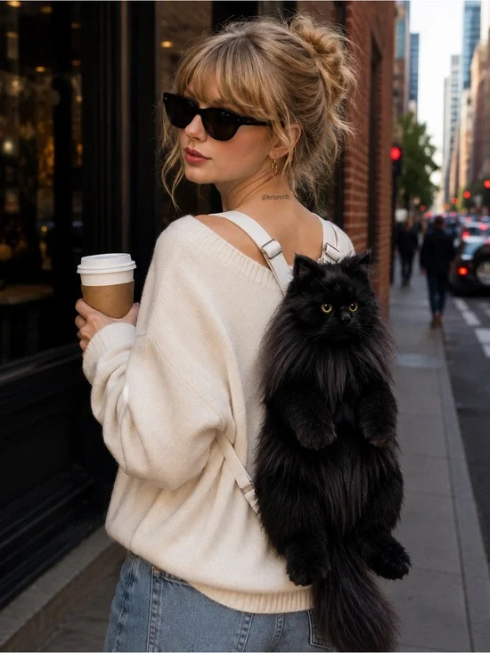 Plush Black Cat Backpack Adjustable White Strap Handcrafted Cat Backpack