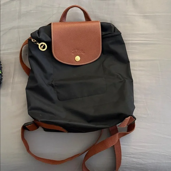 Longchamp Black Nylon Backpack with Brown Leather Trim