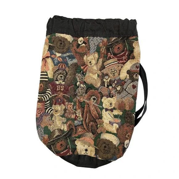 Vintage‎ 90s Teddy Bear Tapestry Bag Round Drawstring Backpack Kidcore Cottage