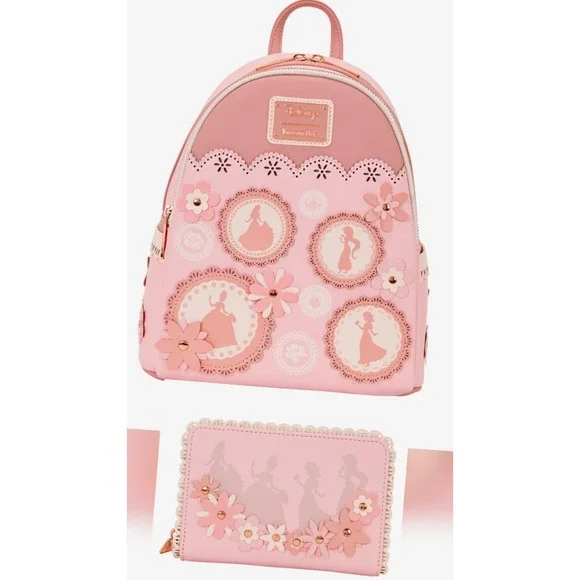 NWT Loungefly Disney Princesses Silhouettes Floral Lace Mini Backpack &‎ WALLET!