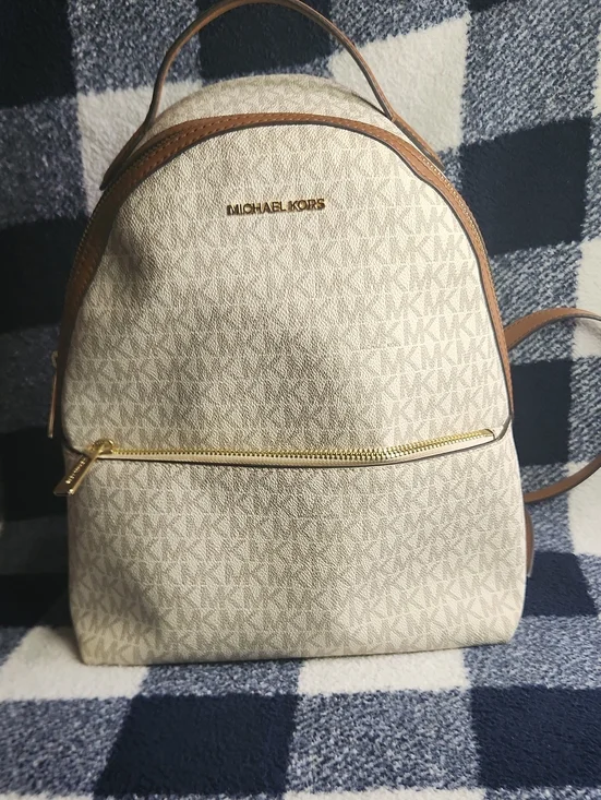 Michael Kors Cream Logo-Print Backpack with Brown Trim and Gold Hardware