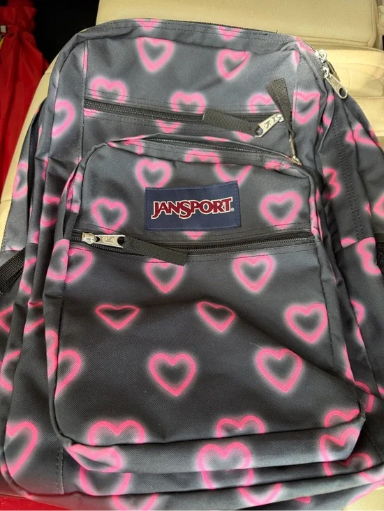 Jansport Black Backpack with Neon Pink Heart Print