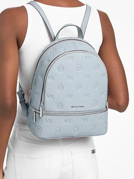 Michael Kors Rhea Medium Zip MK Logo Debossed Backpack Pale Ocean  NWT