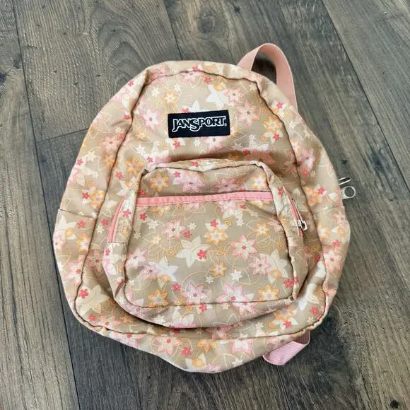 Vtg Jansport Orange Blossom Mini Backpack Floral Tan Pink Orange Travel Daypack