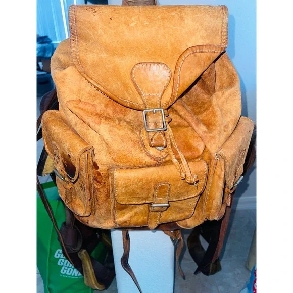 Vintage Distressed Leather Rucksack Backpack Boho Festival Utility Camel