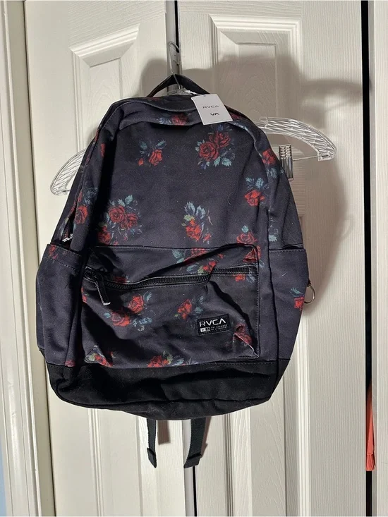 RVCA Black Backpack with Red Rose Pattern