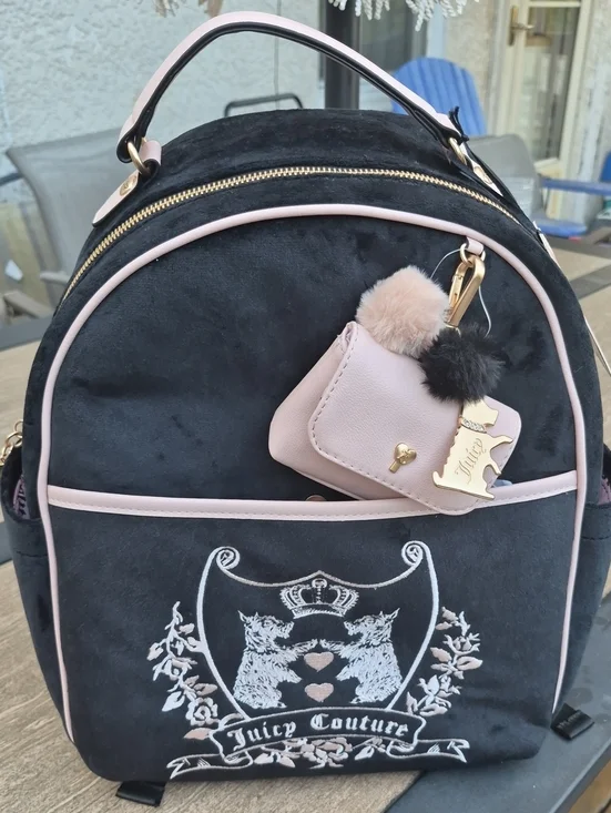 Juicy Couture Black Velvet Backpack with Pale Pink Trim