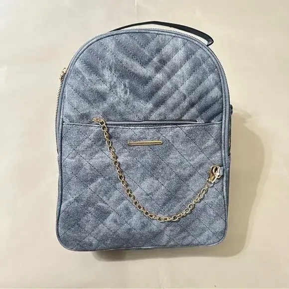 Vegan Quilted Denim Backpack – Gold Chain Accent | 100% Vegan-Friendly  ⸻