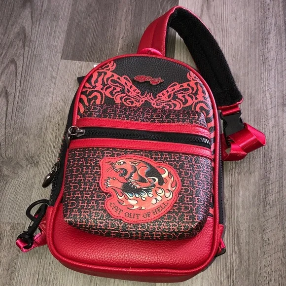 Ed Hardy Red & Black Faux Leather Cat Out Of Hell Unisex Sling Backpack NWT