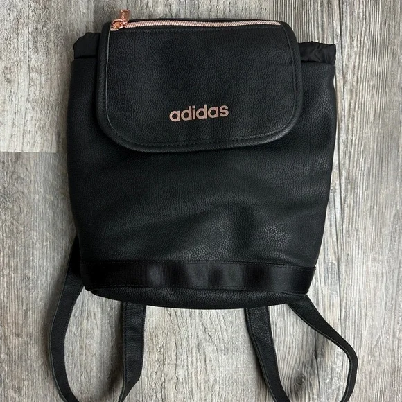 ADIDAS WOMEN’S BLACK FAUX LEATHER ROSE GOLD SMALL FESTIVAL DRAWSTRING BACKPACK