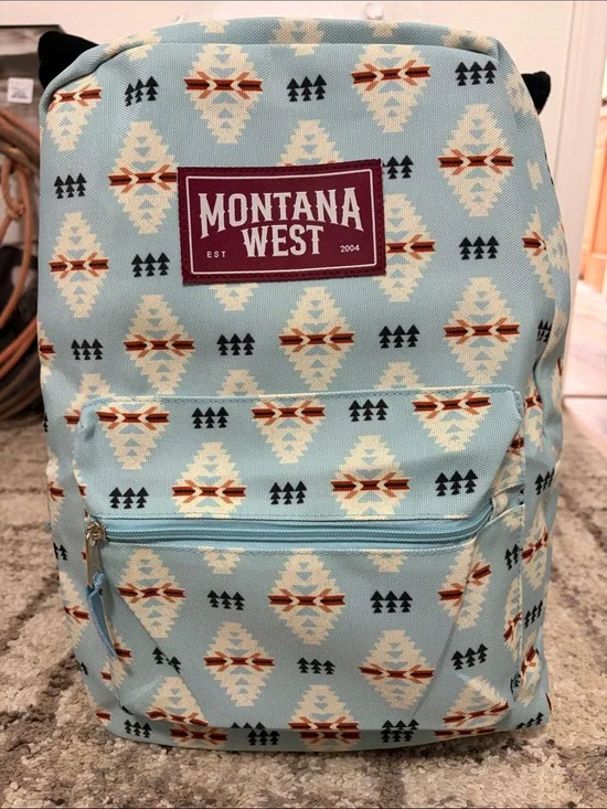 Montana West Light Blue Aztec Pattern Backpack with Burgundy Logo Patch