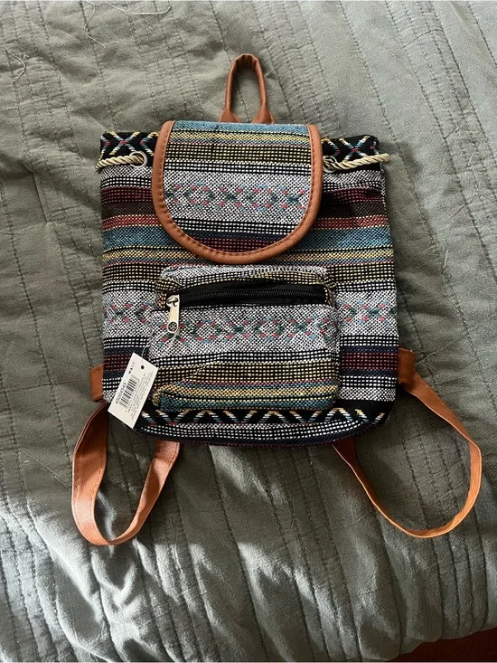 Multicolor Boho Woven Mini Backpack with Tan Trim