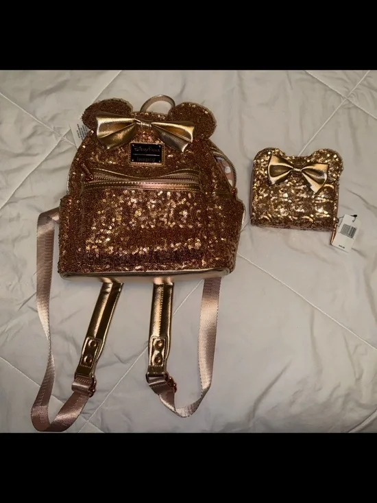 Disney Parks Rose Gold Sequin Loungefly Set – Backpack & Wallet NWT
