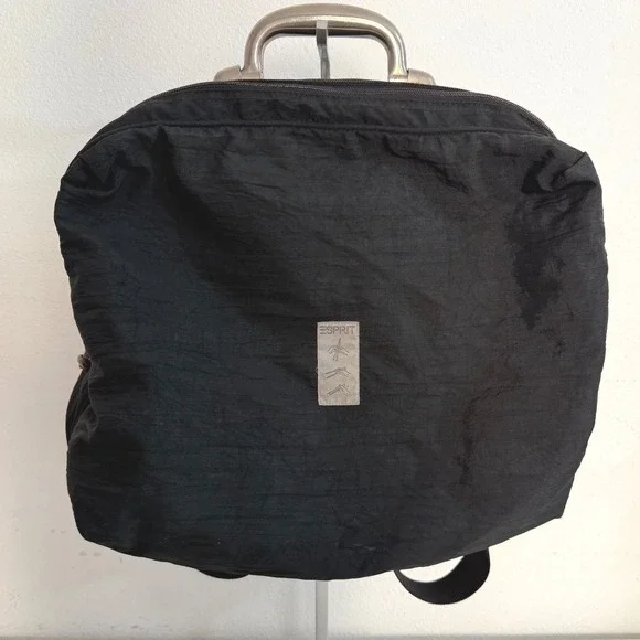 Vintage Esprit Black Nylon Backpack Metal Handle Industrial 90s Bag