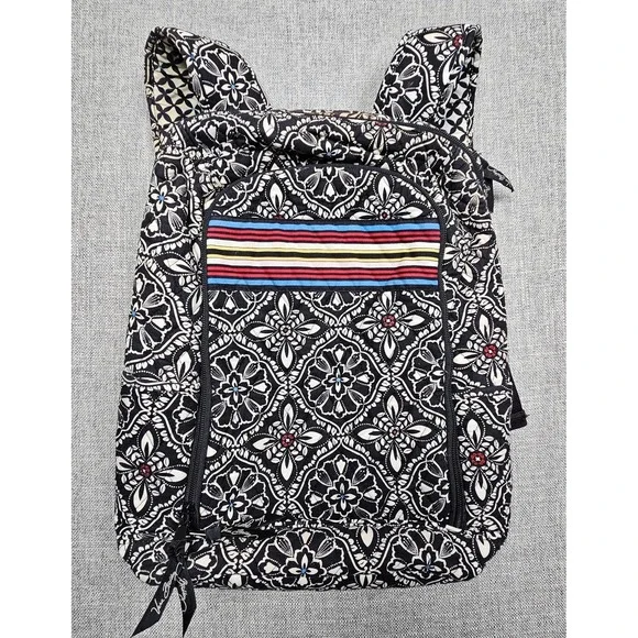 Vera Bradley Backpack Womens Large Black Floral Quilted Laptop School Bag Travel