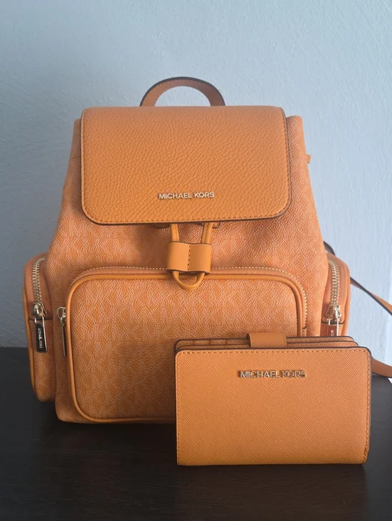 Michael Kors Orange Textured Backpack with Matching Wallet