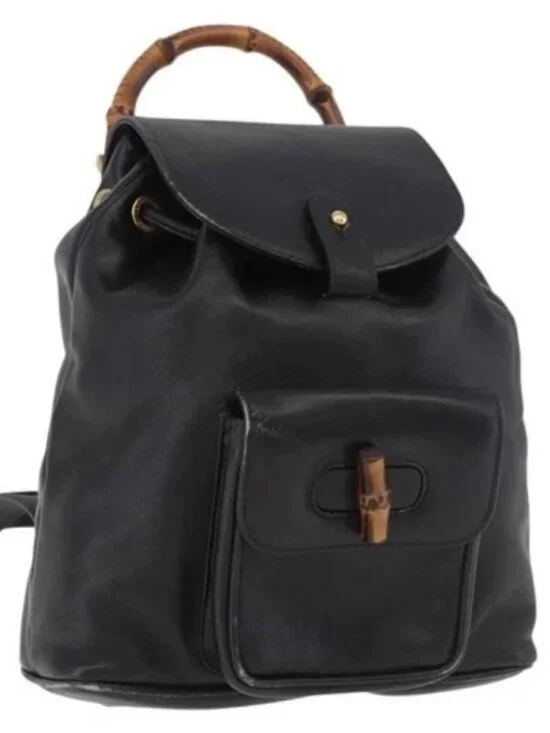 GUCCI Bamboo Backpack Leather Black Gold 003 2034 0030 Auth ka4944