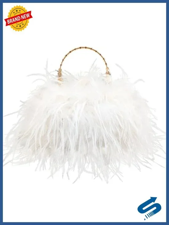 Natural Feather Evening Clutch with Golden Handle Vintage Fluffy Handbag
