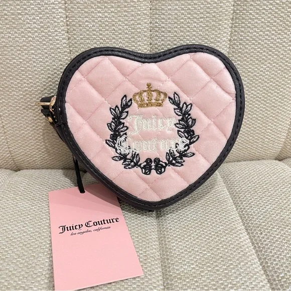 NEW Juicy Couture Pink Quilted Velvet‎ Heart Wristlet Pouch Brown Faux Leather