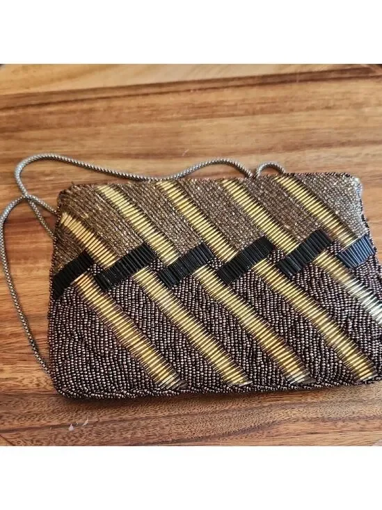 Elegant Gold and Black Beaded Clutch‎