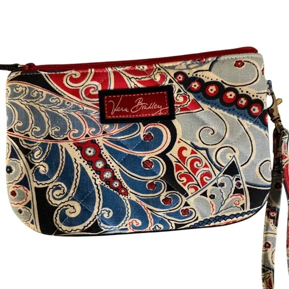 Vera Bradley Summer Cottage Paisley Quilted Cotton Wristlet Pouch Red White Blue