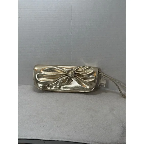 NWT Y2K‎ Gold Metallic Bow Wristlet Clutch Evening Bag Wristlet Strap